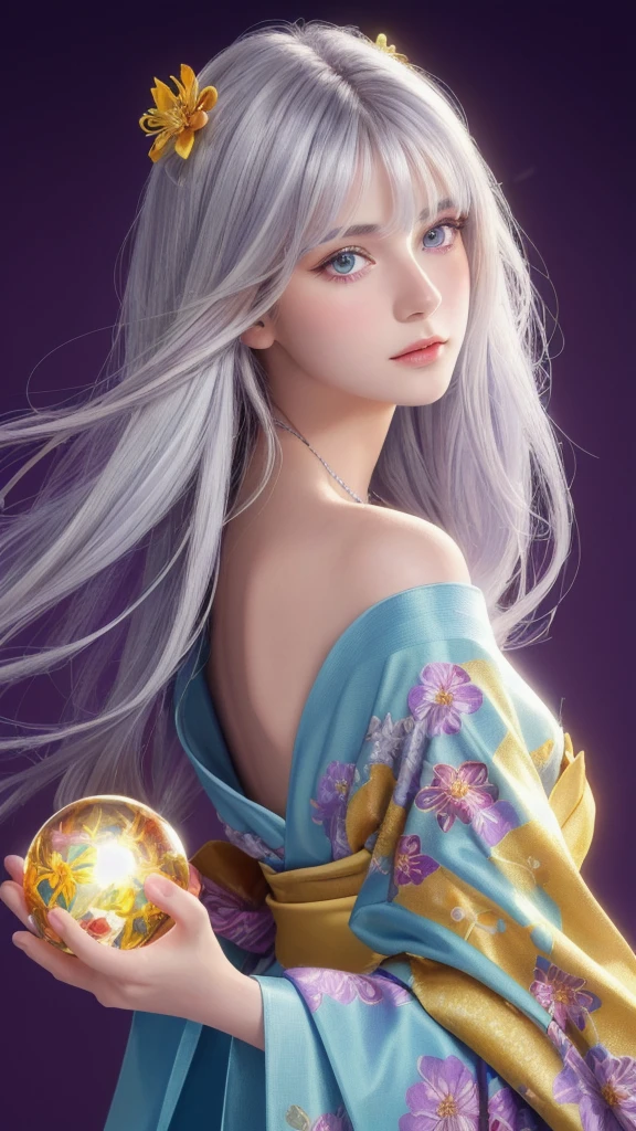 (masterpiece:1.3), (8k, photorealistic, raw photo, highest quality:1.4), (one girl), beautiful face, (realistic face), (long hair), (silver hair, near white hair, shiny hair, beautiful straight hair), (even bangs), (sharp bangs), straight hairstyle, realistic eyes, beautiful detailed eyes (purple eyes), (sharp eyes), (realistic skin), beautiful skin, (kimono), (magician's kimono), (flower hair ornament), attractive, ultra high resolution, ultra realistic, highly detailed, golden ratio, colorful background, (flowers blooming), (energy dancing background), magician, facing forward, facing from shoulders, looking straight ahead, both shoulders facing towards you, holding crystal ball, (heart crystal ball, love crystal ball).