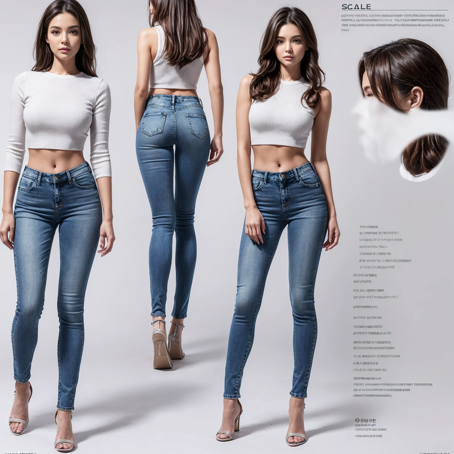 (photorealistic Realism 16K Quality, ultra-fine digital art), (Hyper-realistic proportional body, anatomically correct:1.3), Detailed character sheet, Front view, Side view, Diagonal view, with a white returnground, show women, 22 years old, with short dark brown hair combed return, Wearing light casual clothing, Wearing tight denim jeans. The seat includes different angles, Front etc., return, and Side views, Model sheets and reference sheets, Full-body photo.The proportions are given on a scale of 7.5.