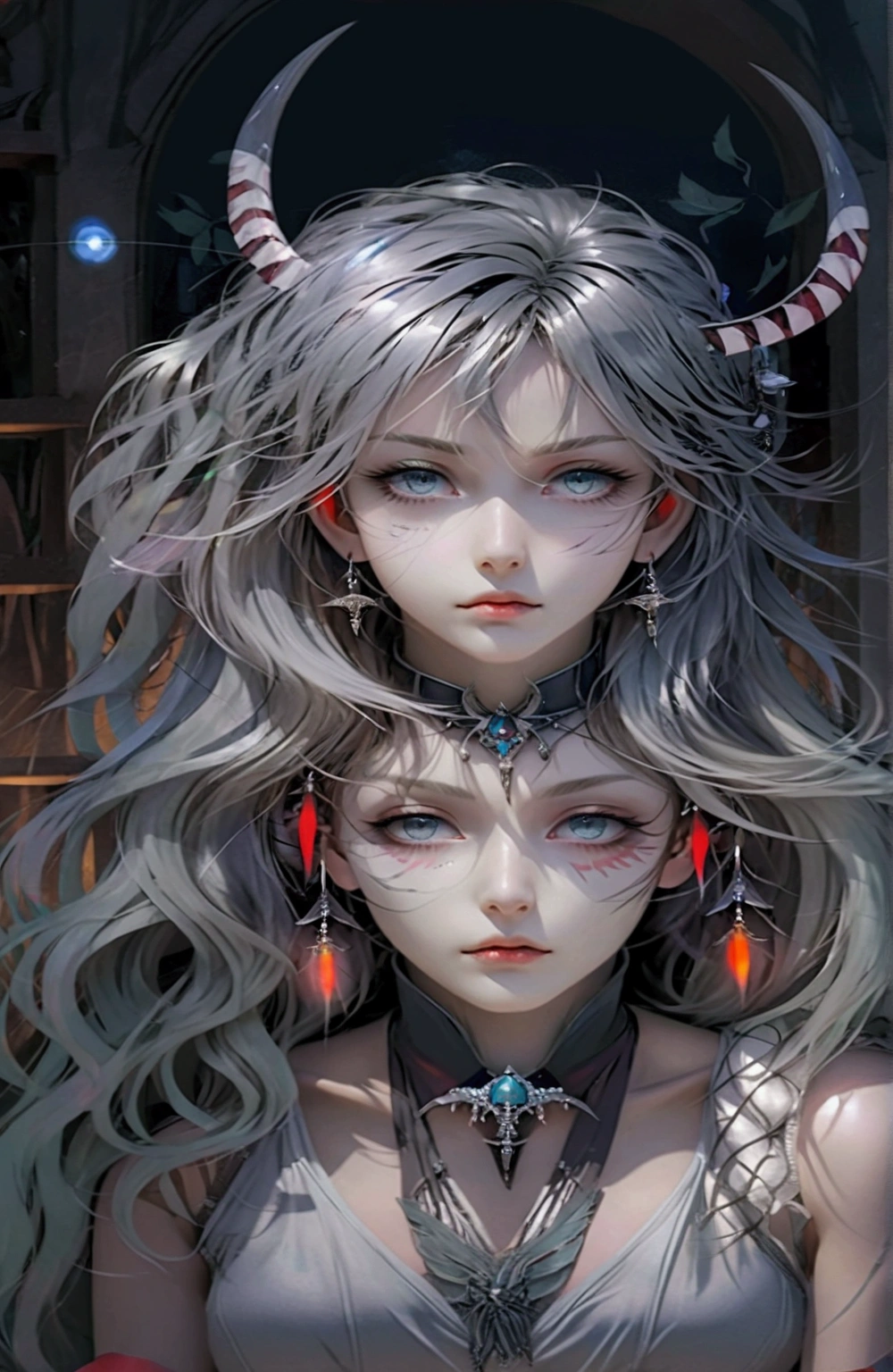 Anime girl with silver waist-length hair and horns falling into darkness,whole body， 3D real anime, 2. 5d cgi anime fantasy artwork, Anime Style 3d, Anime Style. 8K, 4k Anime Style, 3D style realistic anime, deviantart artstation cgscosiety, Digital anime art, guweiz style art, detailed Digital anime art, White shirt, Dragon Wing