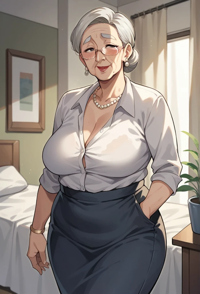 score_9,score_8_up,score_7_up, anime style, clear line, 1mature woman, solo, gilf, old skin, 58 years old woman, in bedroom,  in  office unform, old face