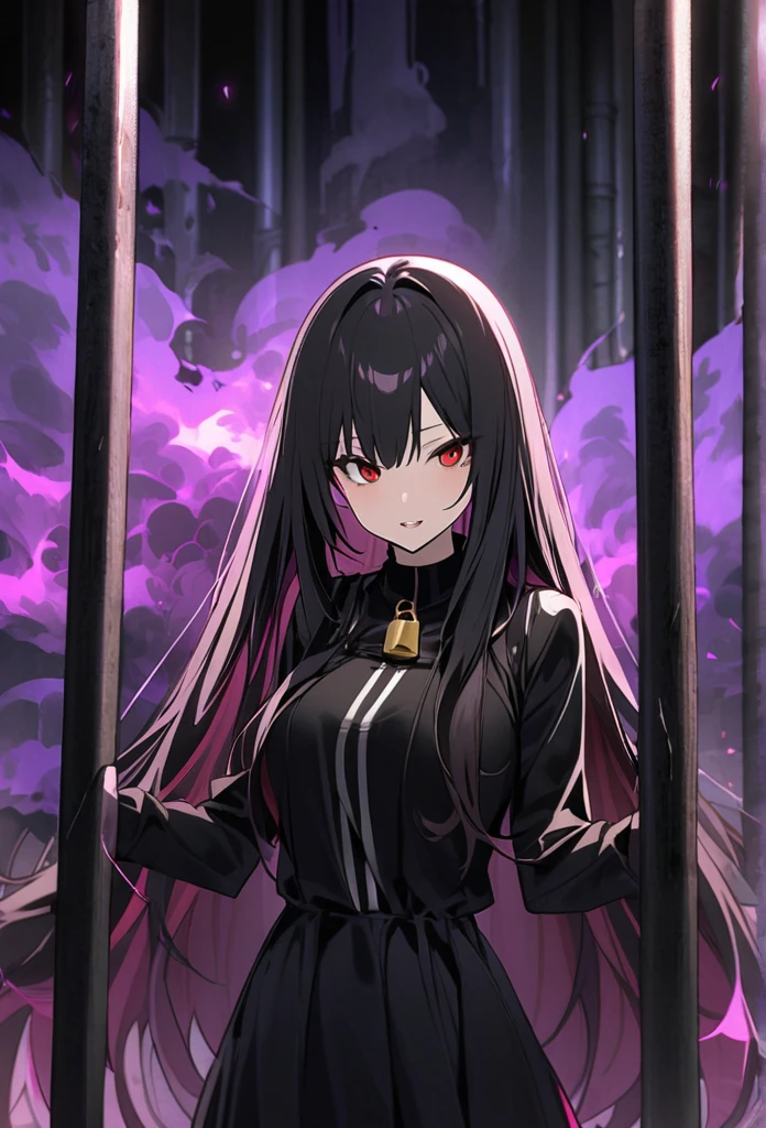 One woman、An unusual atmosphere、Iron bars、red eyes、tooth、鋭いtooth、black hair、Lock、Lock鎌、black dress、long hair、ハイライトのあるred eyes、sealed、purple fog、villain's daughter、enemy、cold、cruel、Get angry、rage、Purple Miasma、red glowing eyes、Purple Flame、Purple Flame、曲がりくねったLock、white skin、Burned Castle