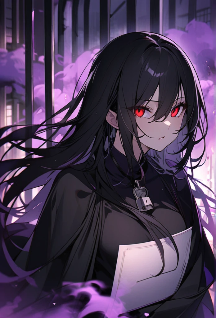 One woman、An unusual atmosphere、Iron bars、red eyes、tooth、鋭いtooth、black hair、Lock、Lock鎌、black dress、long hair、ハイライトのあるred eyes、sealed、purple fog、villain's daughter、enemy、cold、cruel、Get angry、rage、Purple Miasma、red glowing eyes、Purple Flame、Purple Flame、曲がりくねったLock、white skin、Burned Castle