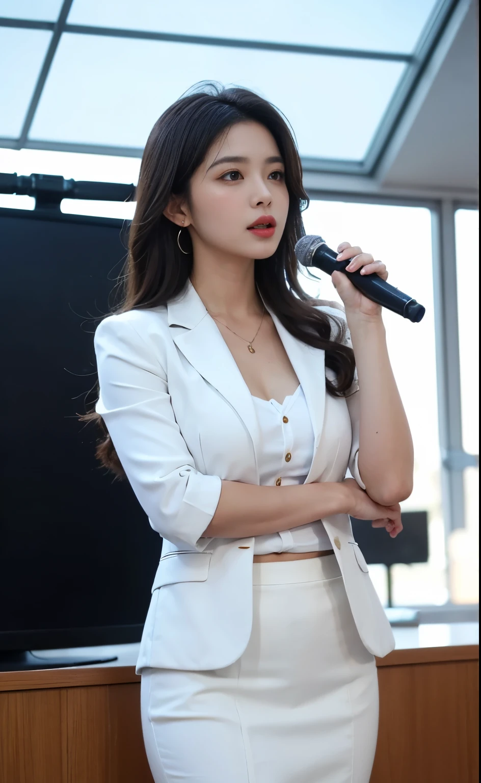 1Beautifulwoman, announcer, During the news program, Cowboy Shot, standing, talking , using microphone, beautiful hand, fine fingers, white collared shirt, blue suit and blue pencil skirt