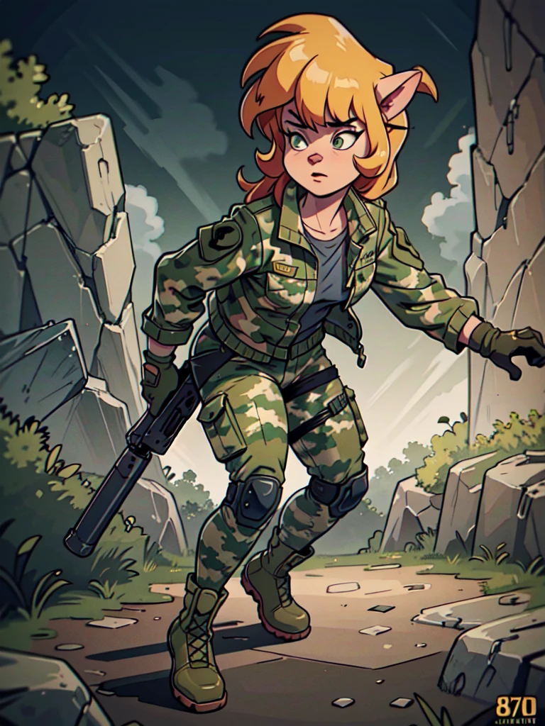 a detailed anthro girl with camouflage jacket, tactical gloves, camouflage pants, army boots, furry, highly detailed, 8k, photorealistic, cinematic lighting, dramatic lighting, volumetric lighting, intricate details, realistic textures, hyper realistic, masterpiece, digital art