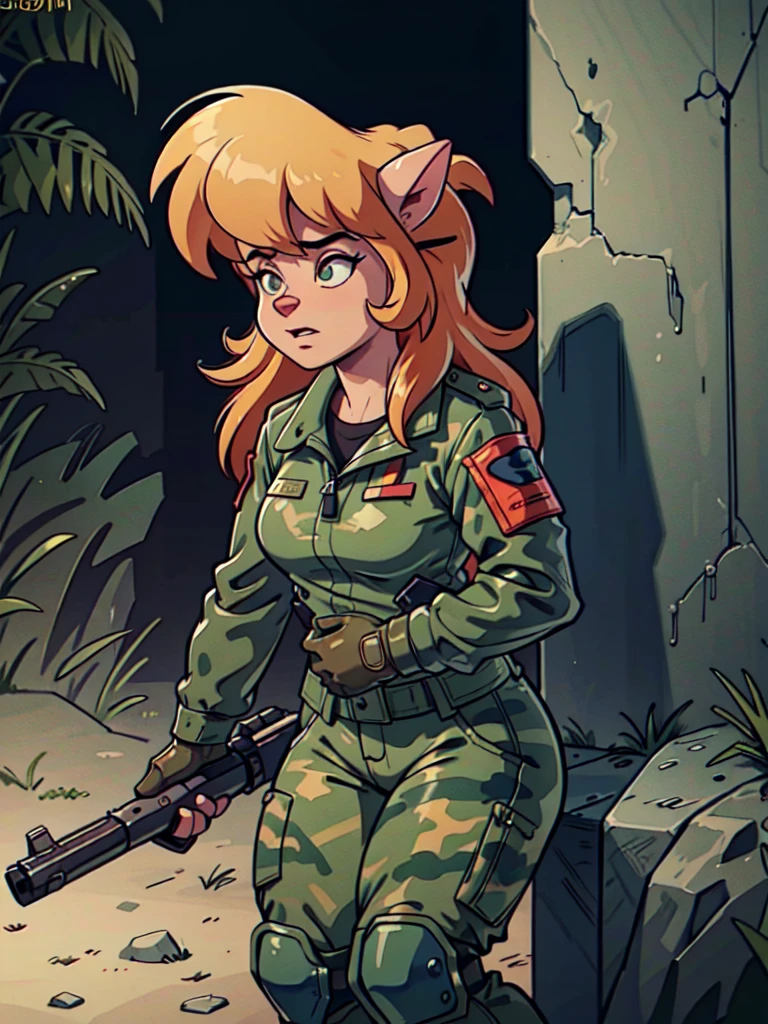 a detailed anthro girl with camouflage jacket, tactical gloves, camouflage pants, army boots, furry, highly detailed, 8k, photorealistic, cinematic lighting, dramatic lighting, volumetric lighting, intricate details, realistic textures, hyper realistic, masterpiece, digital art