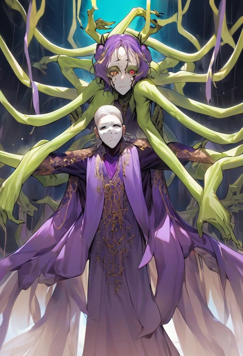 a very tall and white man, he is wearing an old French purple costume, he has six arms and wears yellow gloves on each of his six hands, he wears a purple wig with bangs and two buns and a white mask with red dots around the eyes that covers your entire face. He has a blue right eye and is blind in the left eye, he hangs from a green spider's web as if he were dancing, he is a strange and hideous yet strangely attractive monster.