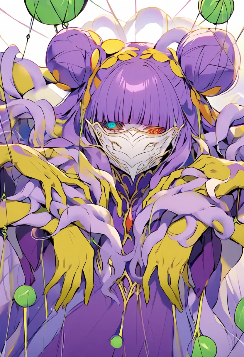 a very tall and white man, he is wearing an old French purple costume, he has six arms and wears yellow gloves on each of his six hands, he wears a purple wig with bangs and two buns and a white mask with red dots around the eyes that covers your entire face. He has a blue right eye and is blind in the left eye, he hangs from a green spider's web as if he were dancing, he is a strange and hideous yet strangely attractive monster.