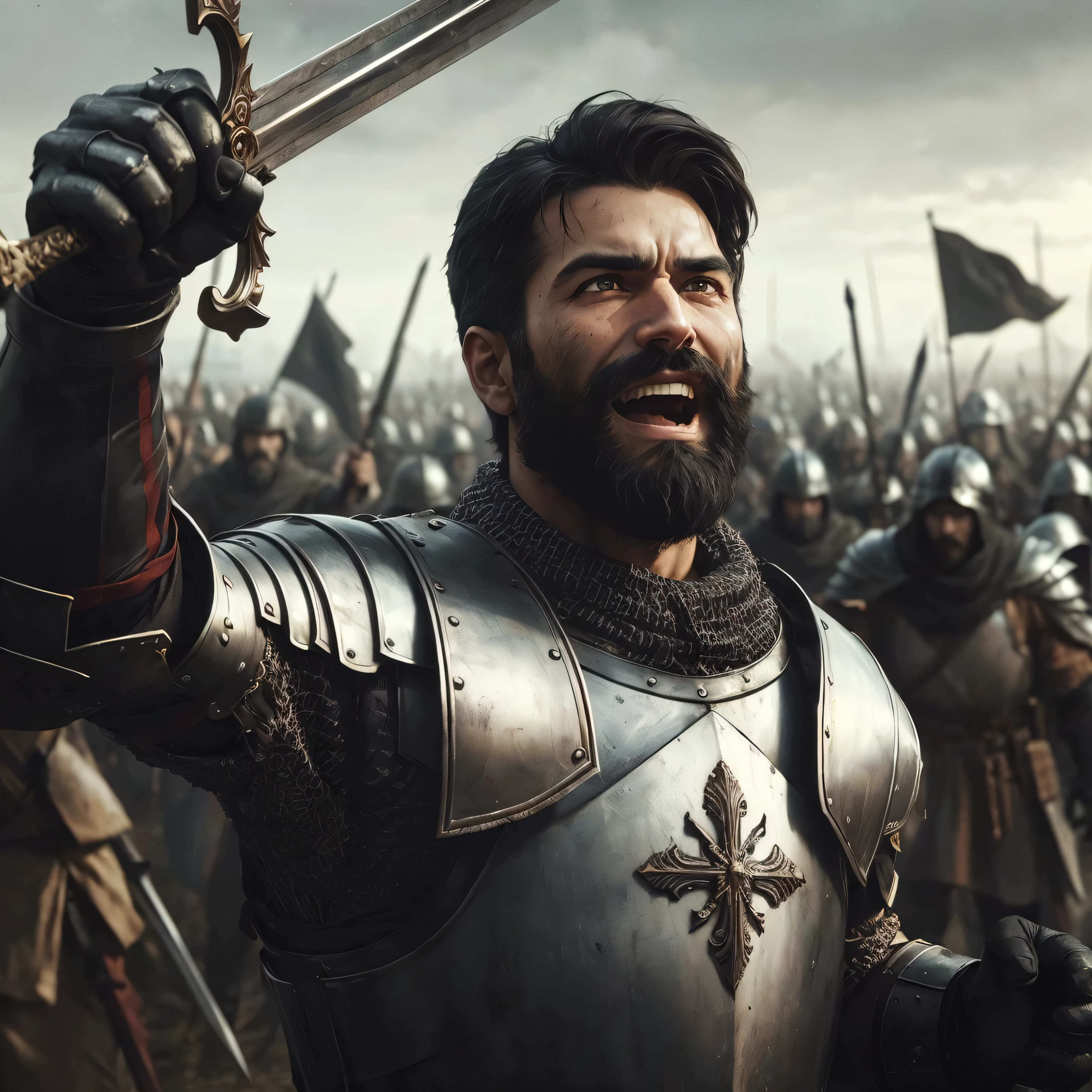 Describe the scene of a man with a medium black beard and short black hair, round face, wearing imposing medieval armor. He is in the center of the battlefield, raising his gleaming sword triumphantly as his adversaries retreat in disarray around him. The expression on his face is one of exultation and determination., eyes shining with imminent victory. Ao fundo, some enemy soldiers are on the run, while others surrender their weapons, indicating that the battle is being won. The sky above is clear now, contrasting with the recent chaos, and the sun begins to shine over the battlefield, symbolizing the end of the struggle and the achievement of triumph.