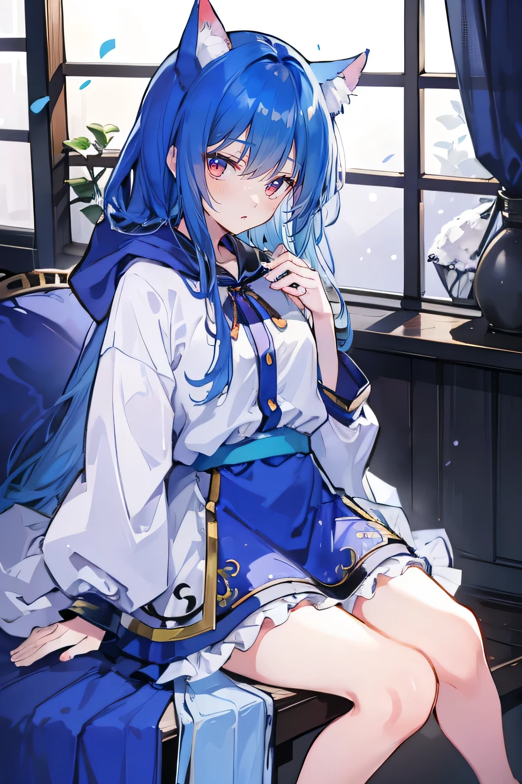 (masterpiece:1.2),Super detailed,lifelike,Expressive eyes,fair skin,perfect face shape,1 girl,
Japanese comics,Gorgeous blue hair,flowing blue hair,flowing clothes,Cat ears,Petals fall,beautiful lola,Baby Angel,
Shaking head with one hand,Cross your legs,Gentle and peaceful background,The pavilion is cool and comfortable,smile, wearing hoodie, In front of the window,snowing