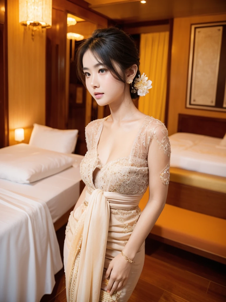 Perfect anatomy, Young girl, beautiful, white skin tone, sexy, big breast, nude, topless, tits nude, wear balinese kebaya, hotel room background,