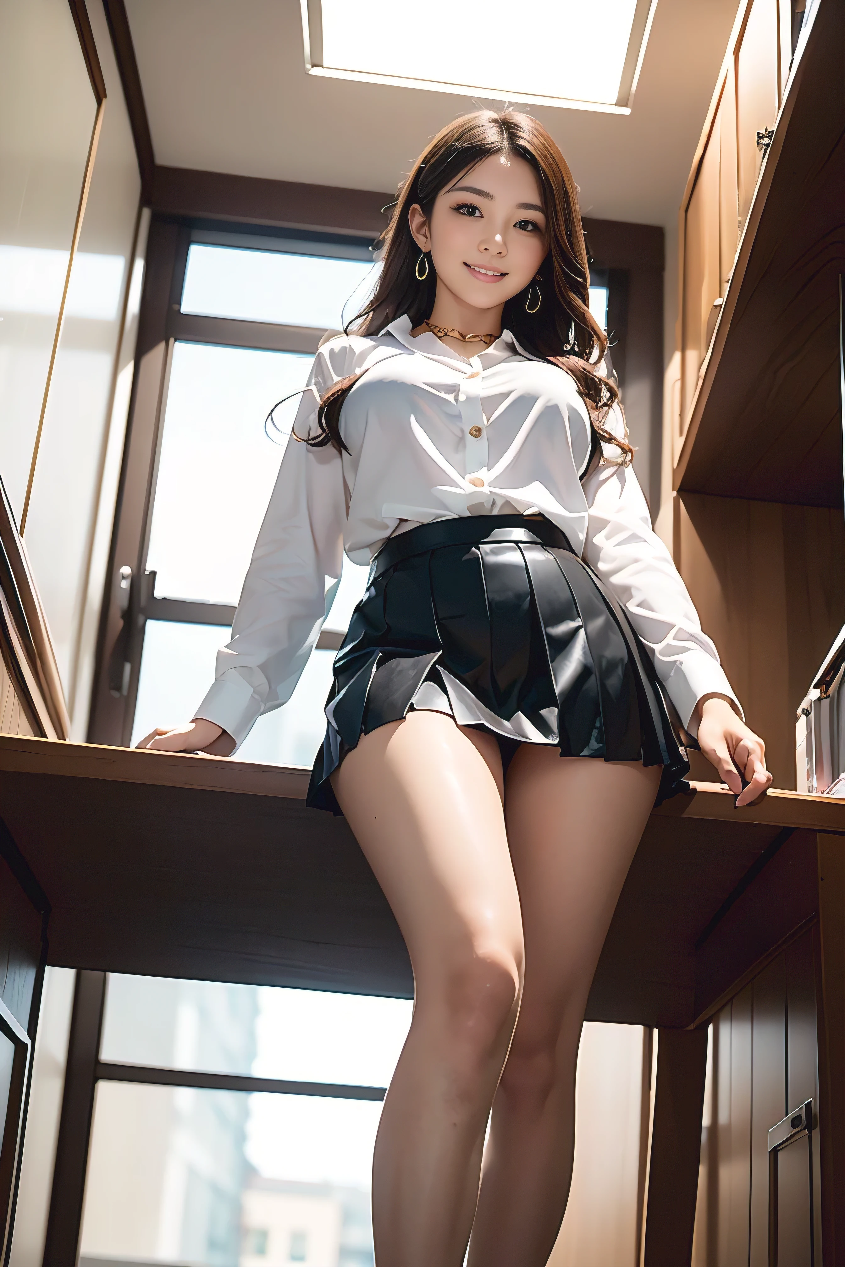 (masterpiece:1.3), High resolution, Super detailed, Very detailed CG Unity 8k wallpaper, Realistic, photo-Realistic, RAW Photos,beautiful detailed face, Pale skin, Realistic glistening skin, Detailed cloth texture, Detailed hair texture, Perfect body, Beautiful face, Accurate, Anatomically correct, Very detailed face and skin texture, Natural neck length, (beautiful hands), (Fair skin:1.2), Thin legs, Thin legs, Fine grain, Symmetrical eyes, Light brown eyes, double eyelid, Thin eyebrows, (Glossy Lips:1.4), ((gently smile:1.2)), (blush:1.1),(Highest quality, masterpiece, photo-Realistic, Very detailed, ultra High resolution, to be born:1.3), (Three Girls:1.3), beautiful, Japanese, mature, 28 years old, office worker, (smile), (bangs), (((Strongly blurred beautiful office corridor background:1.1)、The most natural and perfect office hallway、Perfectly organized hallway、), (Long legs, High heels, whole body:1.2), (Big Breasts:1.3), (crowd)((White long sleeve button up blouse_With collar_Delete up to the second button_Brown pleated mini skirt:1.3)),((Super long brown hair:1.2))((Hair with loose inward waves:1.2)),((shy smile:1.3)),((Gold Necklace_Big earrings:1.2)),((Looking down at the viewer,From below:1.5))