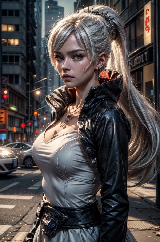 (masterpiece, best quality:1.2), cowboy shot, weissvale, expressionless, closed mouth, looking at viewer, long white hair, side ponytail, scar above eye, scar below eye, t-shirt, yogapants,  jewelry, necklace, earrings, in city street (future_urban, crowd, (volumetric lighting), intricate details, tonemapping, sharp focus, hyper detailed 