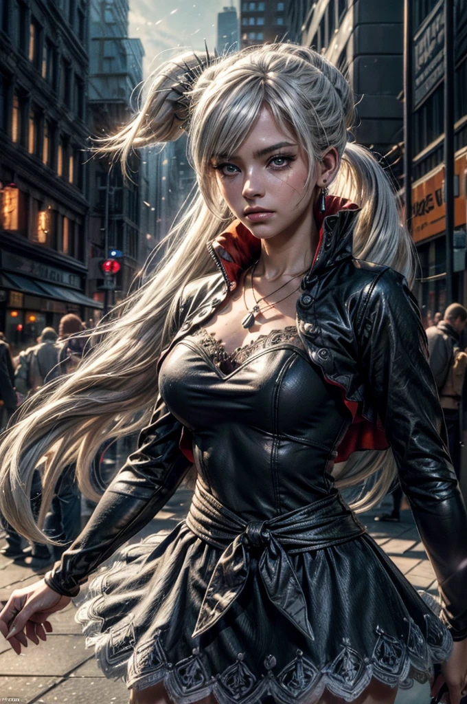 (masterpiece, best quality:1.2), cowboy shot, weissvale, expressionless, closed mouth, looking at viewer, long white hair, side ponytail, scar above eye, scar below eye, t-shirt, yogapants, jewelry, necklace, earrings, in city street (future_urban, crowd, (volumetric lighting), intricate details, tonemapping, sharp focus, hyper detailed