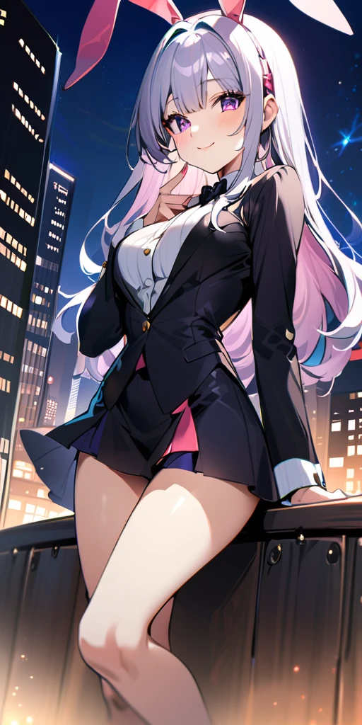 ((Highest quality、、masterpiece:1.3)), Upper Body、Long legs、Sharp focus:1.2, Beautiful woman with perfect figure:1.4、(Smiling:1.2), double eyelid、30-year-old female、Sexy pose、((((Close your mouth、One Woman、Bunny girl,Downtown at night))))、(((((手は体の横に)))))