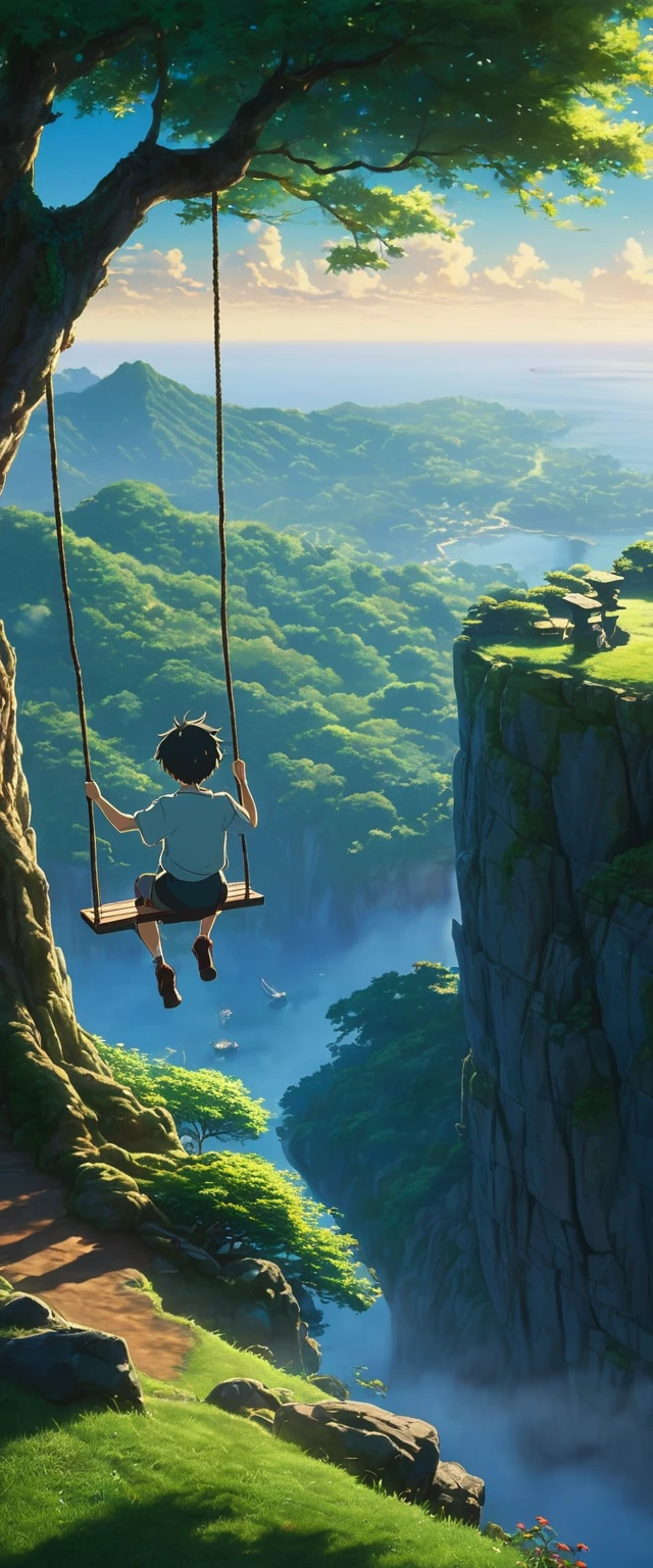 High quality, 8K Ultra HD. anime landscape of a boy on a swing on a tree, shadows of the tree, on a hinkai cliff, beautiful anime scene, dreamy, majestic, 4k anime wallpaper, incredible miyazaki, thomas kinkade matte 4k, art by Aries Moross.