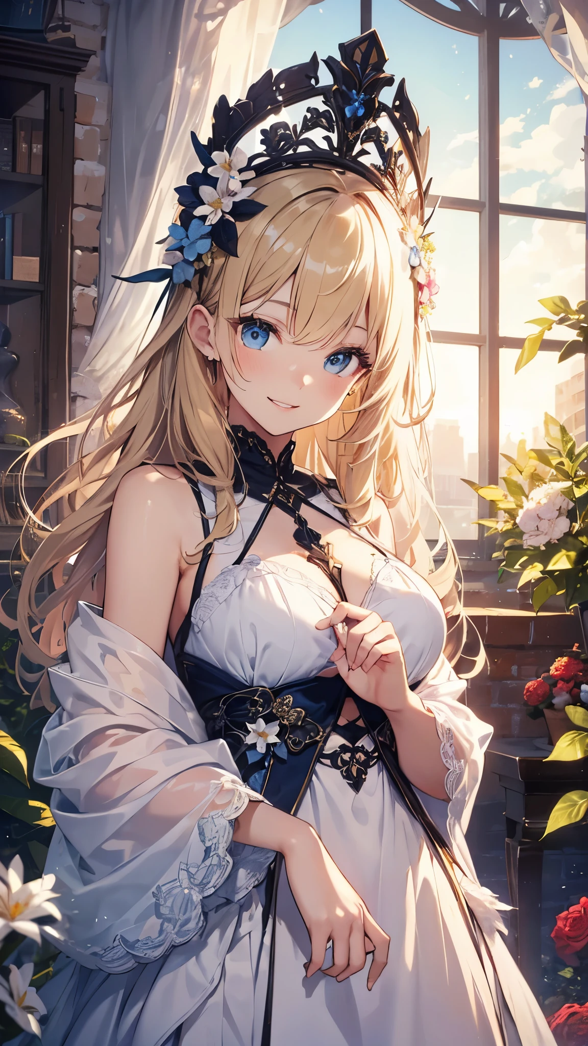 masterpiece、Highest quality、High resolution、High-quality images、8K, 18-year-old girl、Skin Radiance、Texture of skin and clothing、Expression of fine eyes、Shiny blonde hair、Long Hair Girl、dress, Beautiful bright light blue eyes, Fuller lips, Gorgeous face with attention to detail, (Cute Smile), charm, Innocent, (Perfectly detailed face), (Beautiful Hands) Photorealistic images, Written boundary depth, flower、sun、Big Breasts、garden、、Feather ornament、White clothes、goddess