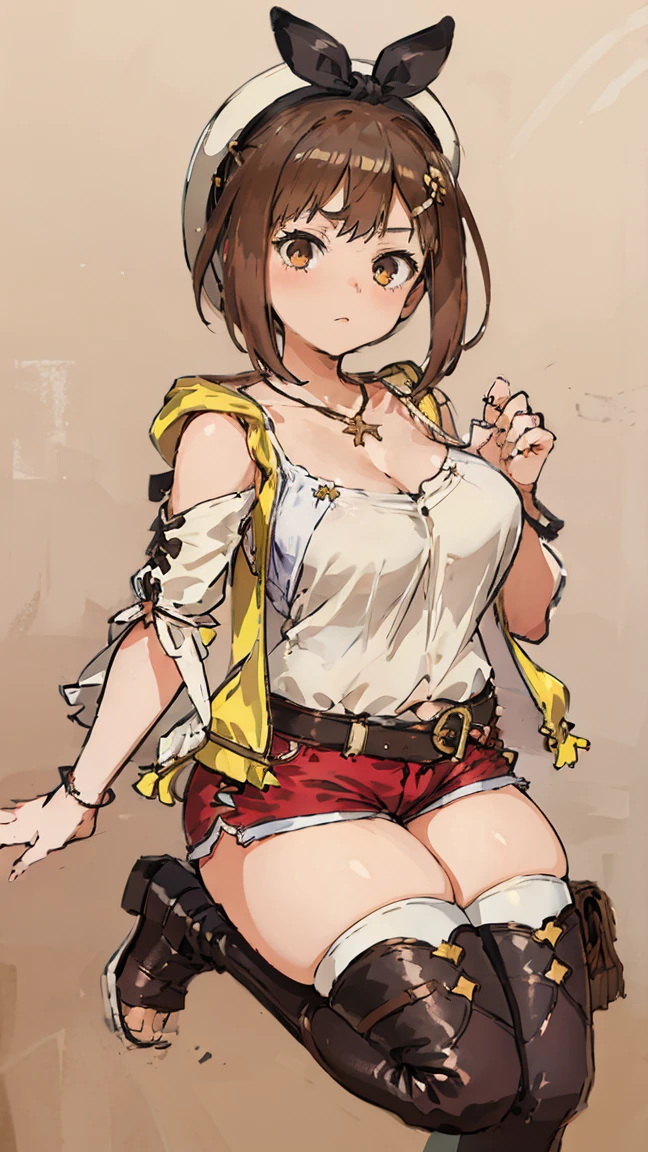 (Highest quality, 8K, masterpiece :1.3),Lizaリン・シュタウト(Lizaのアトリエ),Liza, One woman,Large Breasts,short hair,Brown Hair,hair band,Clothing,hat,White shirt,White camisole,Red shorts,Brown long boots,Full Nelson,Leg spread,nsfw,Plump body,Thighs