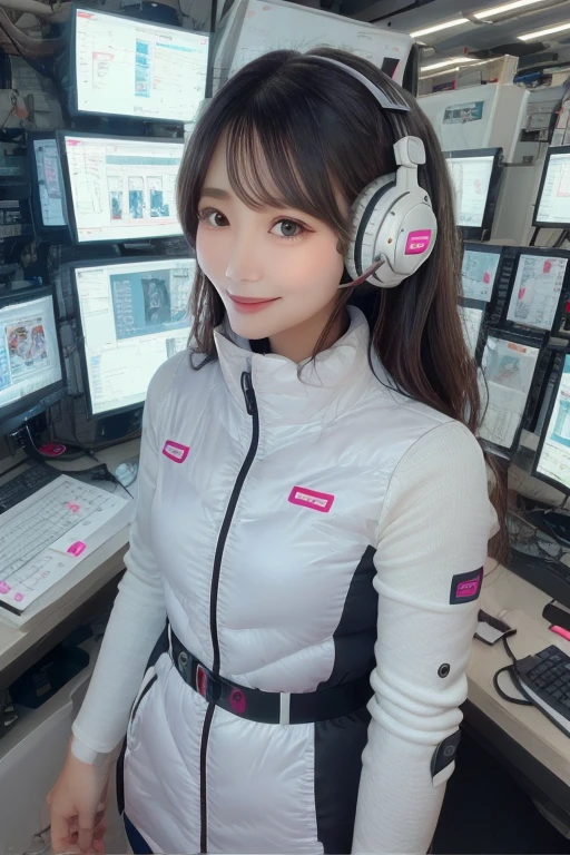 masterpiece, Highest quality, Very detailed, 8K Portrait,Japanese Android Girl,plump , Control panel,Robotic arms and legs, Blunt bangs,,break (Metallic Gray, Metallic luster, Mirror finish, Astro Best):5,headphone:5,break (Black sleeves):100,Smart Watches,Futuristic space station,Control Room,break headphone,blue eyes,(Black Hair):2,(Long Hair):1.3,Viewer Display,(respirator),break blush:3,Hidden Hand,smile