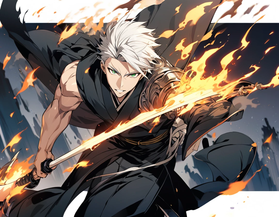 1 boy, male focus, Intricate details, 1 man, handsome, white hair, vibrant green eyes, slim muscles, アニメ, 19 years old, 19 years old, a small goatee, Shinigami kimono, Shinigami, bleach style, bleach, Tank top, kimono , bleach, bleach style (black kimono), (the character would be releasing all his power on the battlefield, using your scythe launching negative flames at your opponents, leaving the entire battlefield in black flames)