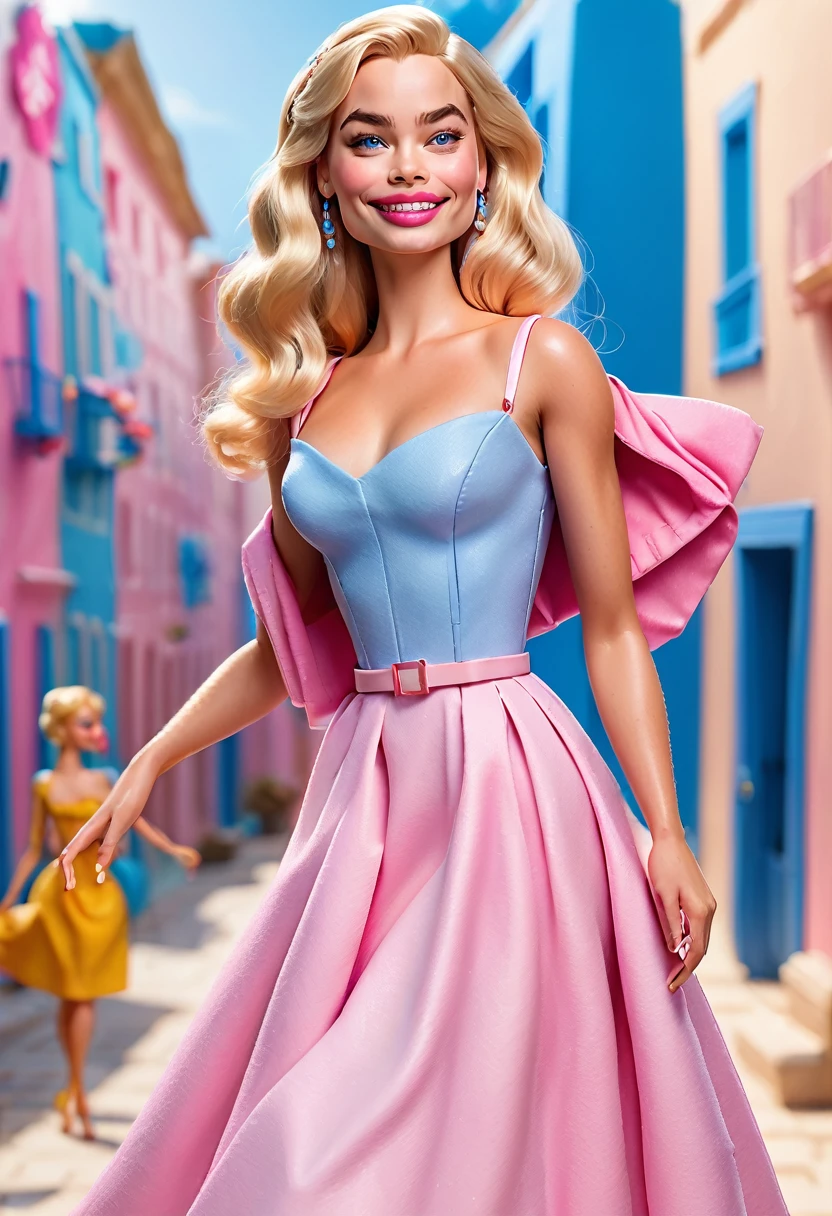 3d, Estilo de Moda 2023, Tema estilosa, Linda, expressiva, Feliz, Sorriso lindo, bonito cabelos lisos, modelo profissional, Poses fofas, blonde, blue eyes, vivid color, blonde hair, pink dress, margot robbie, wonderful, barbie, white background
