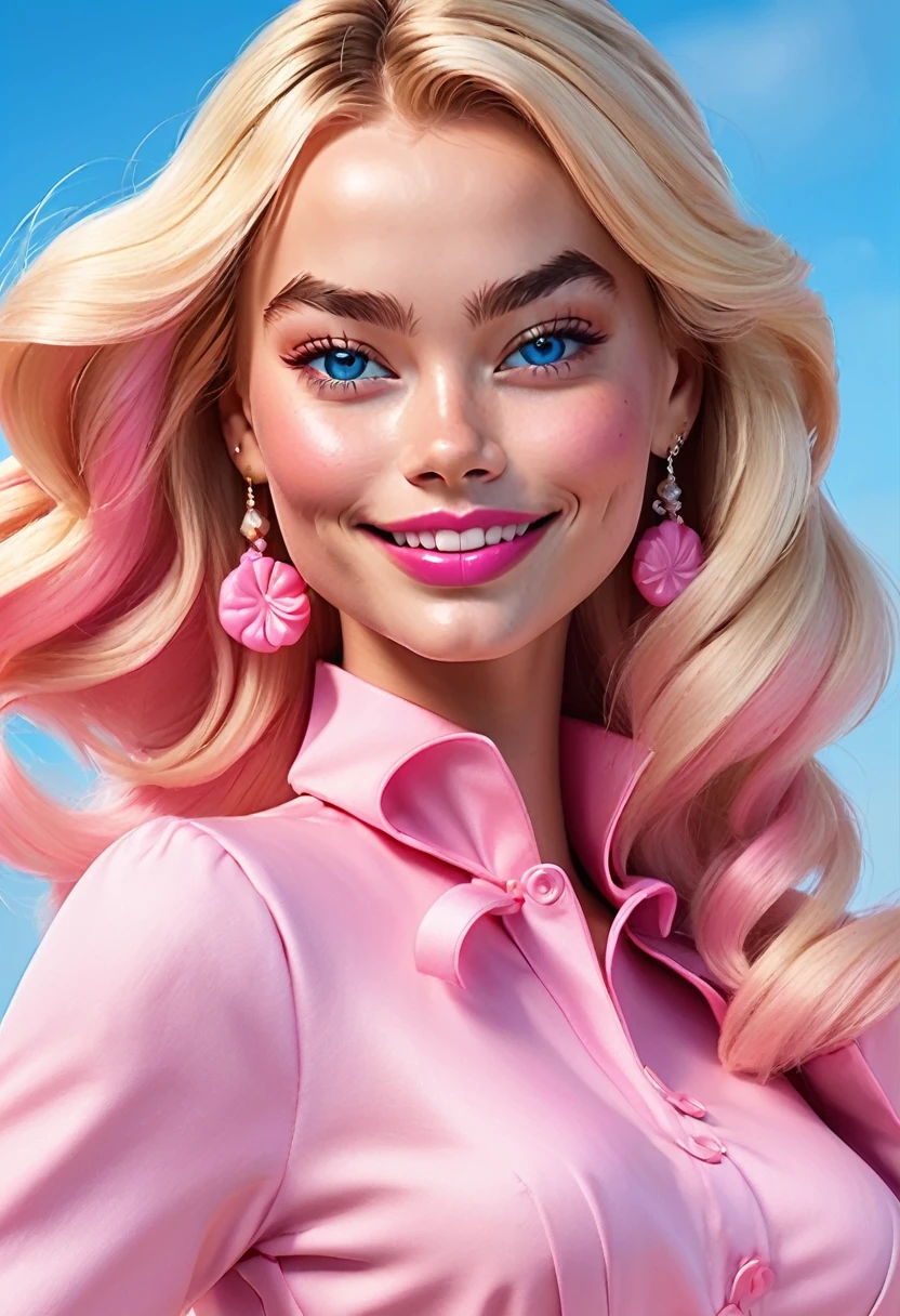 3d, Estilo de Moda 2023, Tema estilosa, Linda, expressiva, Feliz, Sorriso lindo, bonito cabelos lisos, modelo profissional, Poses fofas, blonde, blue eyes, vivid color, blonde hair, pink dress, margot robbie, wonderful, barbie, white background
