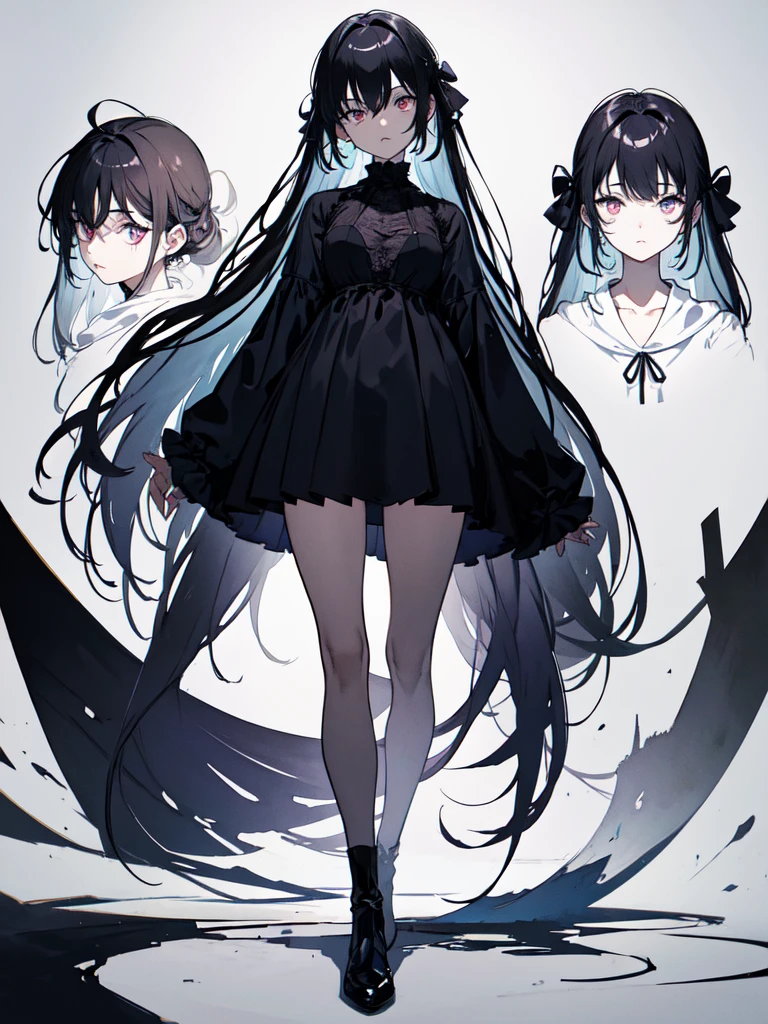 sketch (Character design sheet, same characters, whole body, Three-View, front, ~ ~ ~ ~ side, return),(Very bright:1.1), White Background, [1 Girl:7], (Tilt your head:1.2), ([sketch|watercolor \(Moderate\)]:1.15),Chaotic Abstractionな背景, Vector Trace, グラデーションブレンディング and whole body, Artistic elements add depth to the work. The overall atmosphere is creepy and nightmarish...., With a unique artistic touch. This movie is、The dark and crazy world of horror movies depicted in HD., Evoke visual stimuli and aesthetic sense, that will terrify and excite the audience....,watercolor画, （Lightless, Eyes without highlights, evil eye, An ugly person with white eyes, that&#39;Red eyeliner）,whole body絵, Wearing a maid outfit （Gradient braided hair, (Light purple hair), (Ink blotches:1.1), (pale:1.2),(Light purple:1.2),(Light green:1.2)　Adult features,expensive, Wearing black tights,Green Eyes, The skin is hidden　and maid, The background is a dark and desolate landscape, Horror movie atmosphere. Her figure is very beautiful, Emphasizing the dark and crazy elements. Skillfully expressing the effects of light and shadow, detailed, The face and expression of the black costume are also carefully drawn....,sketch (Character design sheet, same characters, whole body, Three-View, front, ~ ~ ~ ~ side, return) 1 female, Nervous,Cowboy Shot,,(Very bright:1.1), White Background, [1 Girl:7], (Tilt your head:1.2), ([sketch|watercolor \(Moderate\)]:1.15),Chaotic Abstraction