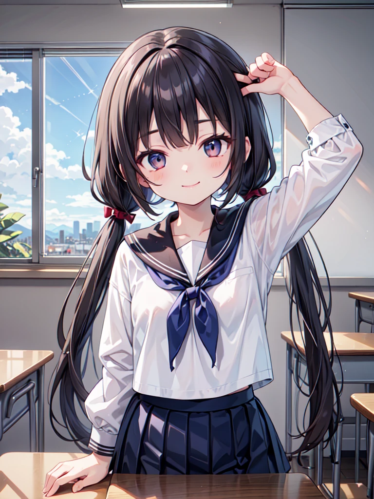 1girl, sitting, arm in front, arm up, arm bend, open hand, spread fingers, palms, (head tilt), smile, ,
classroom, indoors, school chair, school desk, (low twintails girl), low pigtails, red ribbon on hair, very long black hair,
navy-blue collar, white serafuku with blue ribbon, navy-blue skirt,
(dark brown eye), afternoon, summer,
school,
(from front:1.4), upper body,
anime, high brightness, detailed face, detailed eyes,
(high quality, ultra detailed, masterpiece, FHD), good hands, good fingers