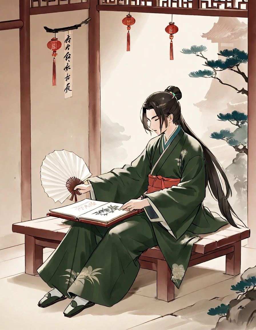 A man，Holding a feather fan，Dressed in cloth，Chinese classical martial arts style，Military division。Sitting and playing the guqin。Freehand ink painting style，Simple style，Declaring a sense of paper。