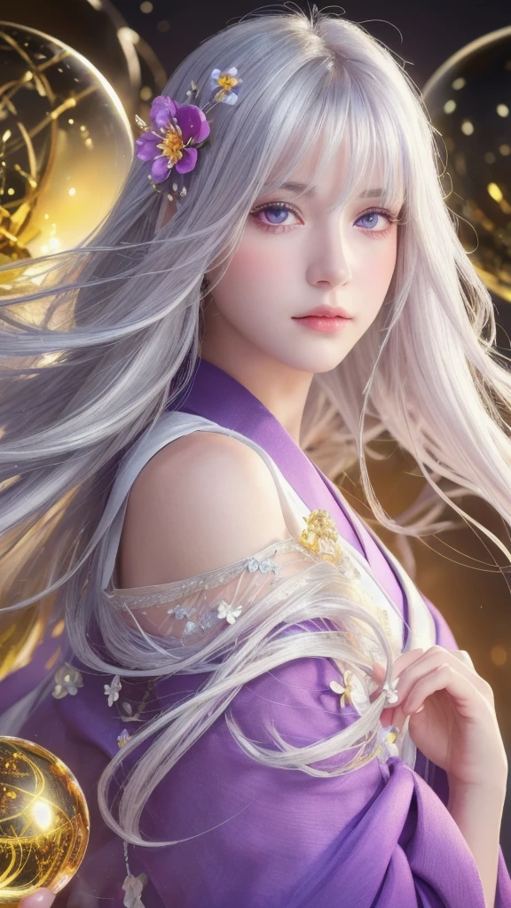 (masterpiece:1.3), (8k, photorealistic, raw photo, highest quality:1.4), (one girl), beautiful face, (realistic face), (long hair), (silver hair, near white hair, shiny hair, beautiful straight hair), (even bangs), (sharp bangs), straight hairstyle, realistic eyes, beautiful detailed eyes (purple eyes), (sharp eyes), (realistic skin), beautiful skin, (kimono), (magician's kimono), (flower hair ornament), attractive, ultra high resolution, ultra realistic, highly detailed, golden ratio, colorful background, (flowers blooming), (energy dancing background), magician, facing forward, facing from shoulders, looking straight ahead, both shoulders facing towards you, holding crystal ball, (heart crystal ball, love crystal ball).
