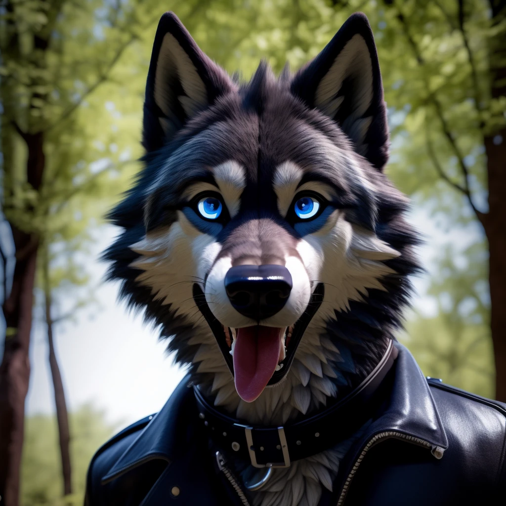 Male, 30 years old, cute, eyeliner, mouth open with tongue hanging out, black leather jacket, anthro, wolf ears, (black fur:1.5), wolf, forest background, 8k, hi res, (best quality, masterpiece), (wolf tail:1.5), detailed fur, solo, collar, blue jeens, blue eyes, surprised expression