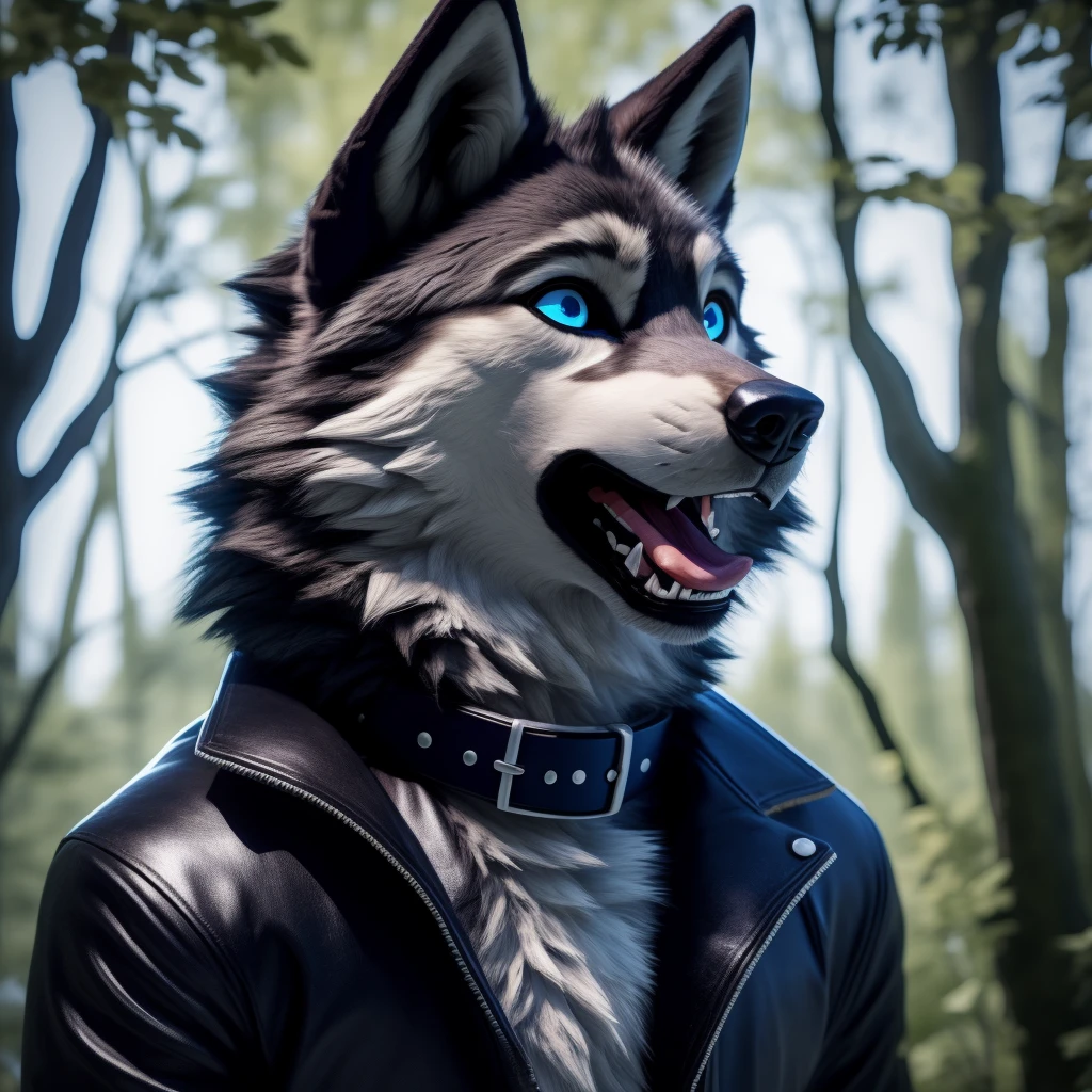 Male, 30 years old, cute, eyeliner, mouth open with tongue hanging out, black leather jacket, anthro, wolf ears, (black fur:1.5), wolf, forest background, 8k, hi res, (best quality, masterpiece), (wolf tail:1.5), detailed fur, solo, collar, blue jeens, blue eyes, surprised expression
