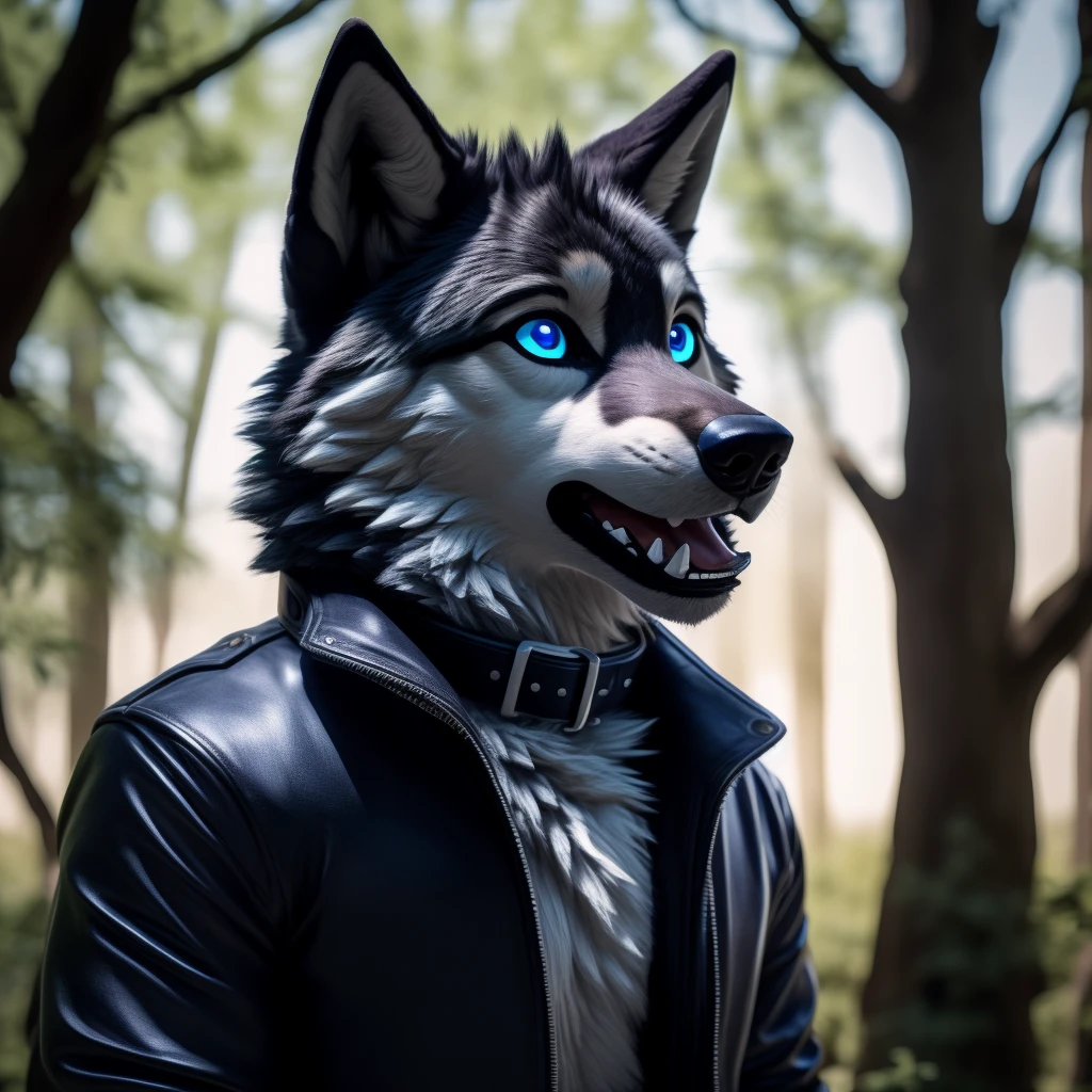 Male, 30 years old, cute, eyeliner, mouth open with tongue hanging out, black leather jacket, anthro, wolf ears, (black fur:1.5), wolf, forest background, 8k, hi res, (best quality, masterpiece), (wolf tail:1.5), detailed fur, solo, collar, blue jeens, blue eyes, surprised expression