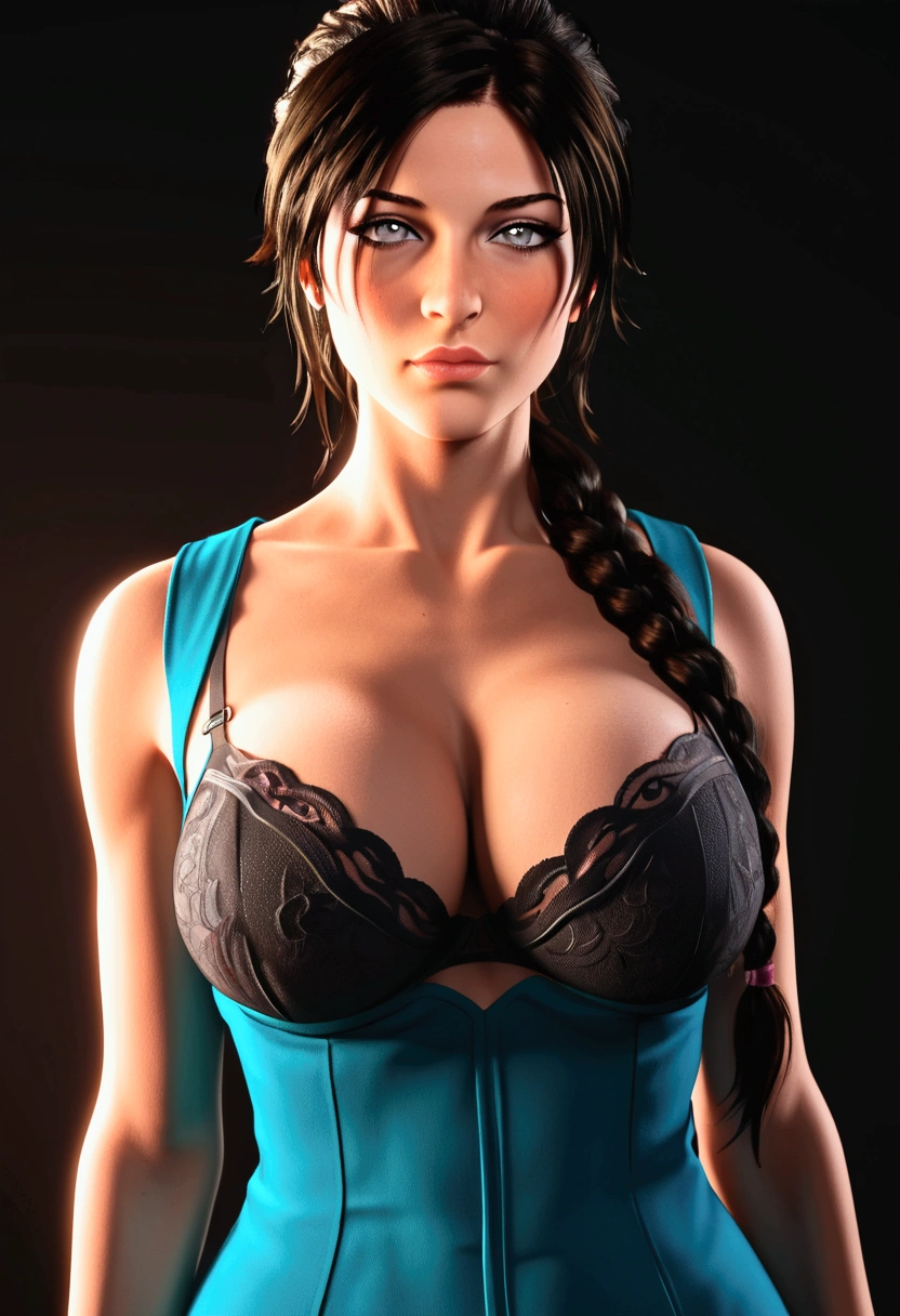 radiant lighting, vibrant colors, whimsical atmosphere, 8K, high resolution, highly detailed, masterpiece, (my little pony, (white and half black hair, pale body, gray eyes) seductive face, Lara croft uniform, standing, big breasts, bra