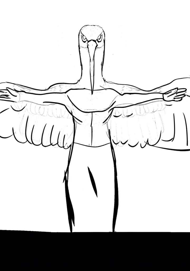 Bird with open arms, medium dark brown feathers