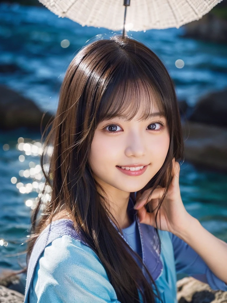 top-quality、​masterpiece、8K、life-like、Cute 20s girl（A dark-haired、poneyTail、rather large breasts）、Lying by the pool、、A smile、Cute School Swimsuit、Gravure photography、