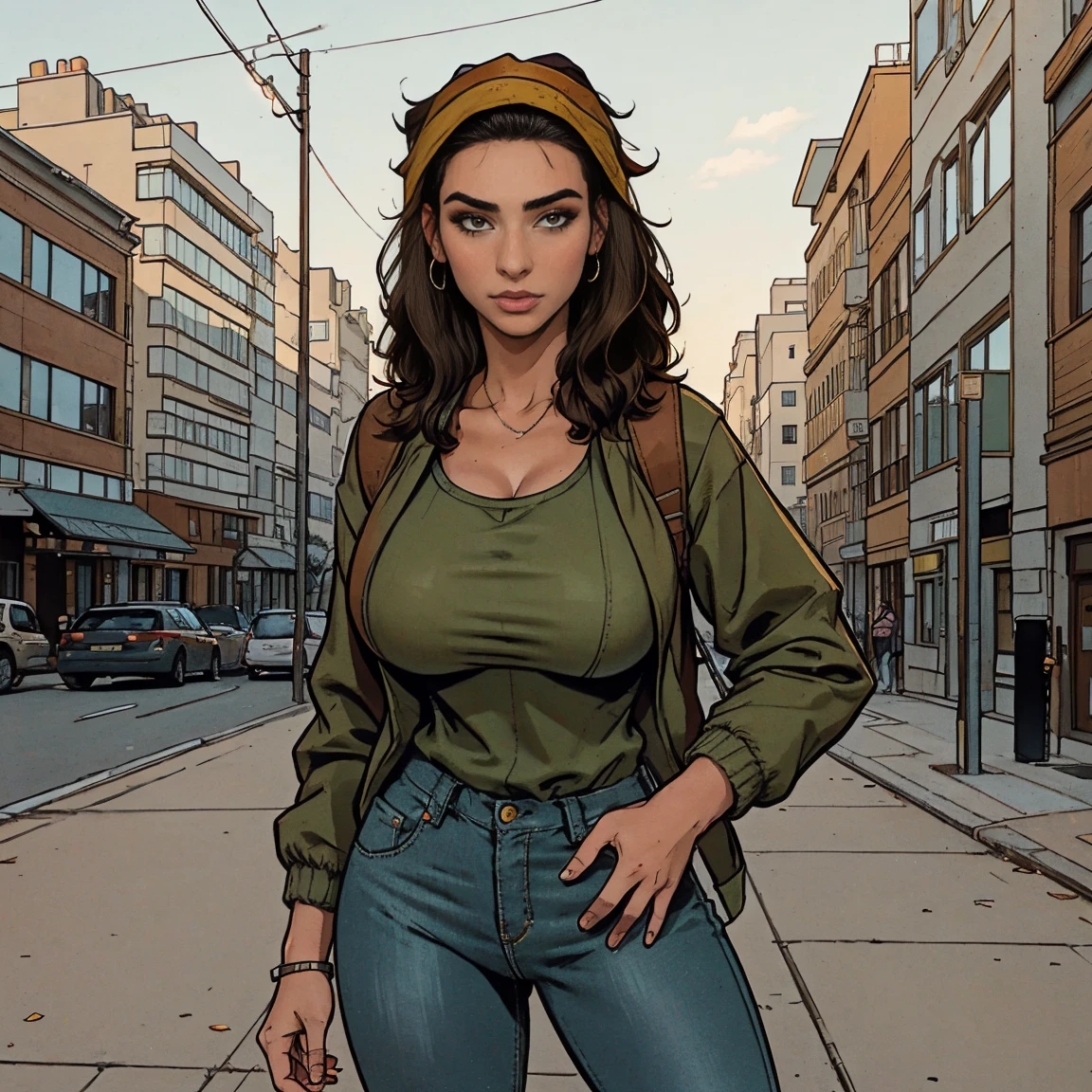 Extremely busty thin and toned brunette photographer, college girl, fair skin, loose side sweep, soft face, athletic, bandana babushka headwrap, tight olive green casual windbreaker, skinny jeans. standing in front of her apartment building, outdoors, city, camera bag, cleavage