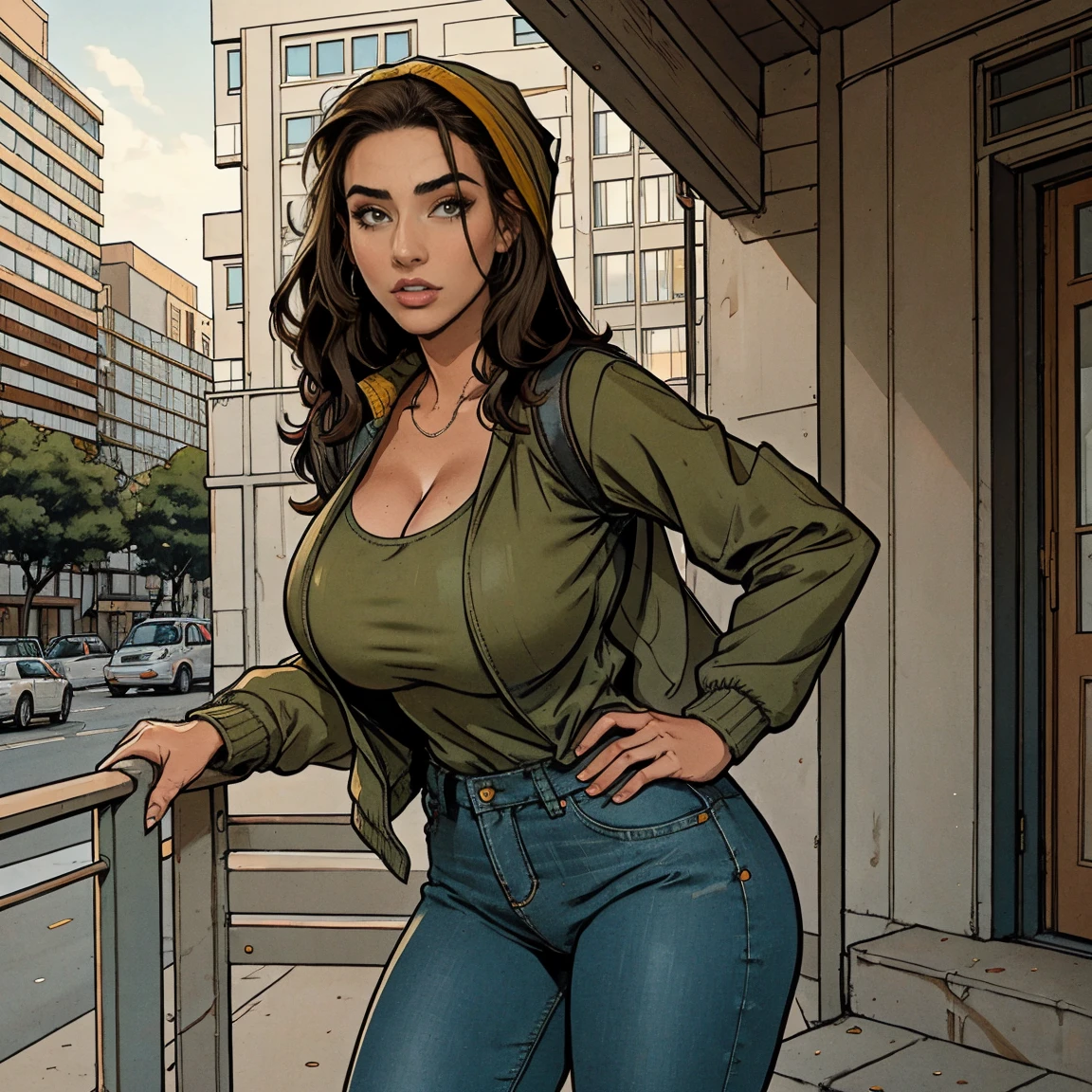 Extremely busty thin and toned brunette photographer, college girl, fair skin, loose side sweep, soft face, athletic, bandana babushka headwrap, tight olive green casual windbreaker, skinny jeans. standing in front of her apartment building, outdoors, city, camera bag, cleavage 