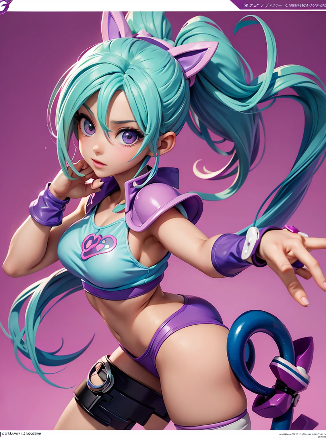 a cartoon girl with a ponytail and a purple top, concept art inspired by Akira Toriyama, deviantart, process art, gyro zeppeli, gadget hackwrench, jojo anime style, in jojo\'s bizarre adventure, lola bunny fanart, knights of zodiac girl, natalie from epic battle fantasy, saiyan girl, official character art, pigtails, pigtail