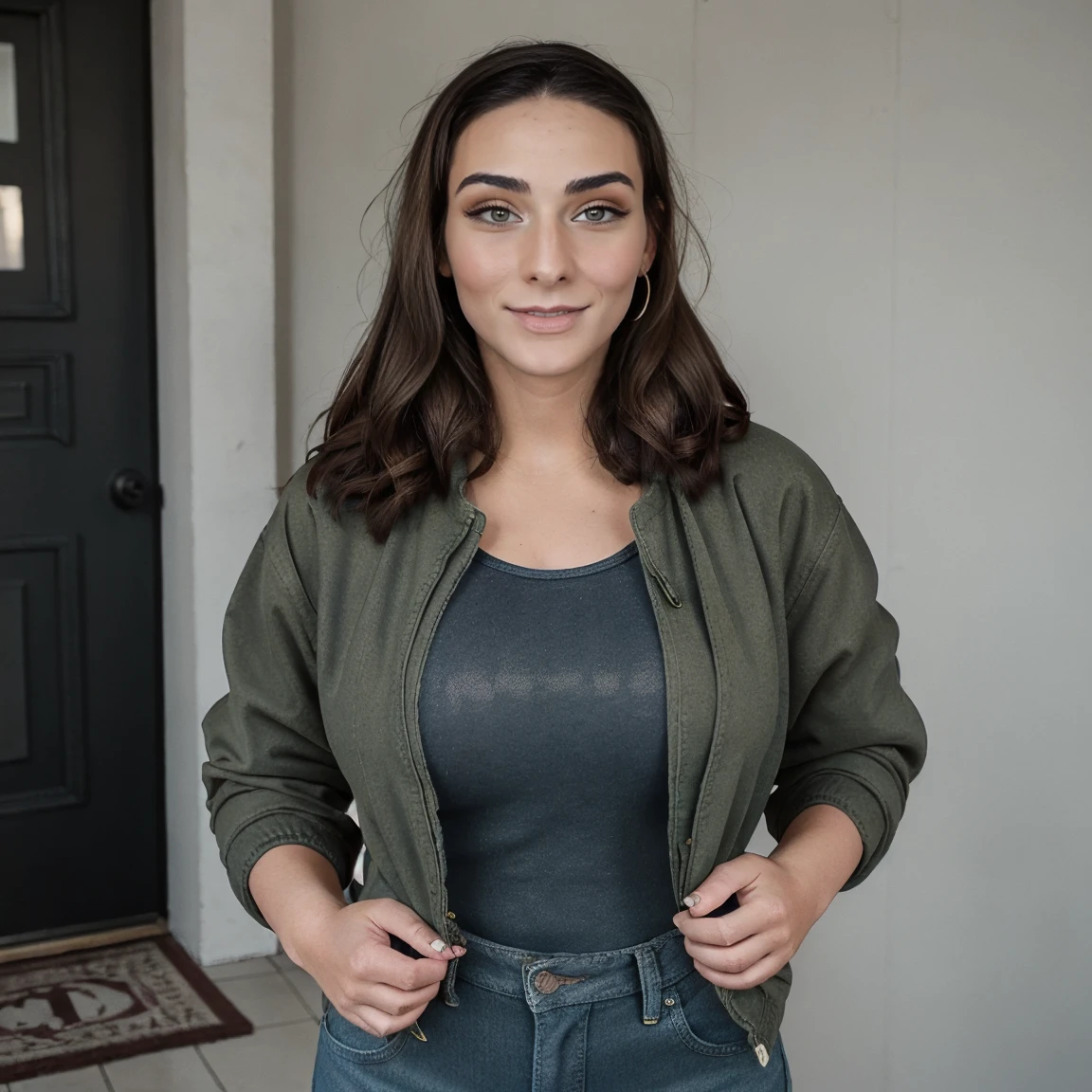 Extremely busty thin and toned brunette photographer, college girl, fair skin, loose side sweep, soft face, athletic, bandana babushka headwrap, tight olive green casual windbreaker, skinny jeans. standing in front of her apartment building, outdoors, city, camera bag, cleavage