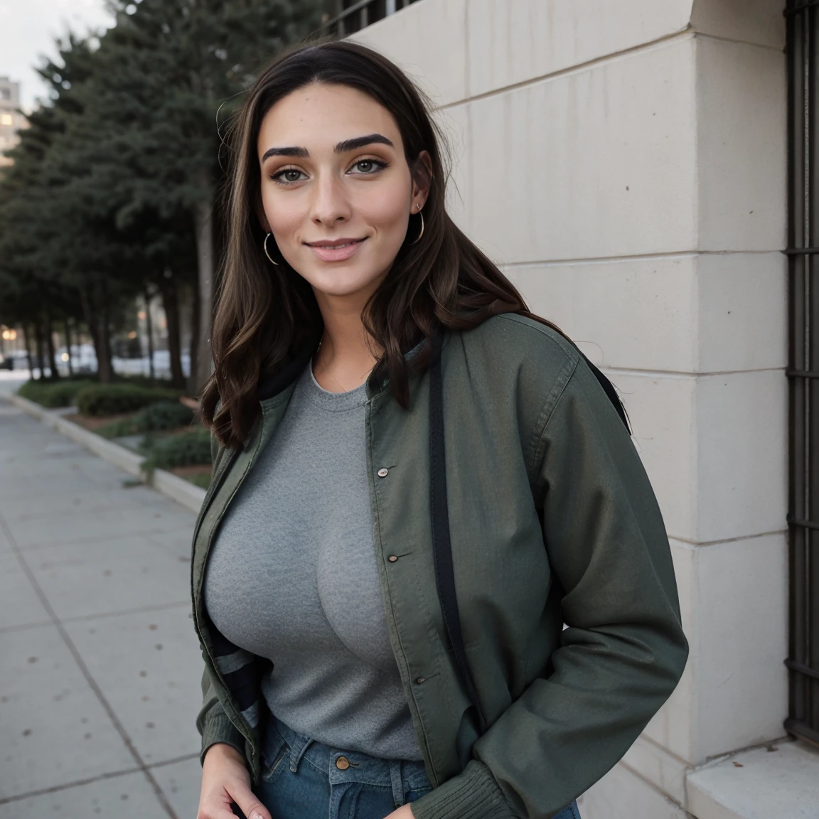 Extremely busty thin and toned brunette photographer, college girl, fair skin, loose side sweep, soft face, athletic, bandana babushka headwrap, tight olive green casual windbreaker, skinny jeans. standing in front of her apartment building, outdoors, city, camera bag, cleavage