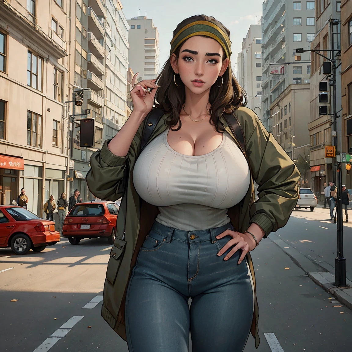 Extremely busty thin and toned brunette photographer, college girl, fair skin, loose side sweep, soft face, athletic, bandana babushka headwrap, tight olive green casual windbreaker, skinny jeans. standing in front of her apartment building, outdoors, city, camera bag, cleavage 