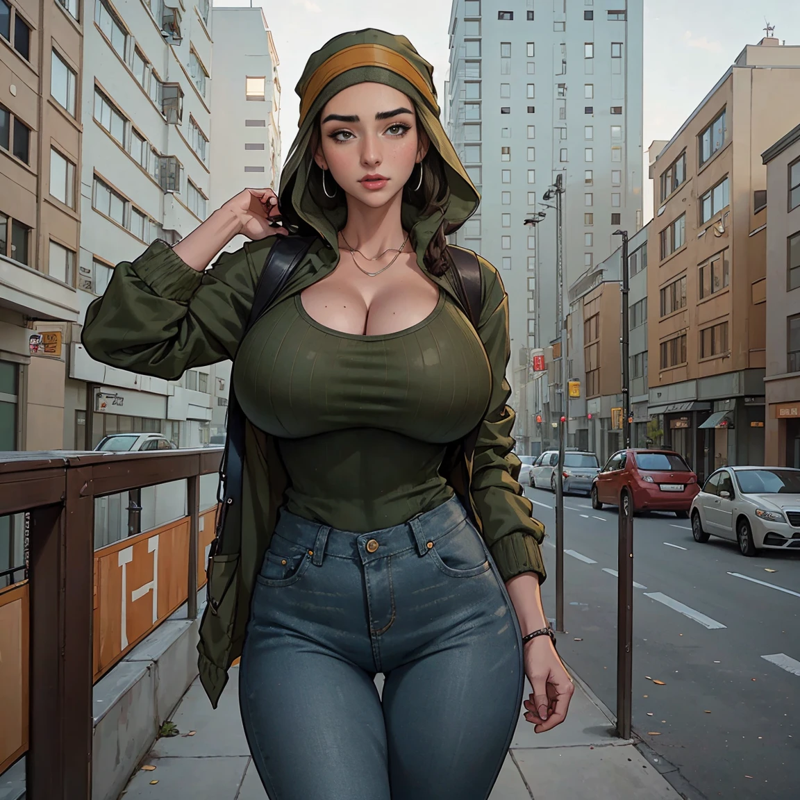 Extremely busty thin and toned brunette photographer, college girl, fair skin, loose side sweep, soft face, athletic, bandana babushka headwrap, tight olive green casual windbreaker, skinny jeans. standing in front of her apartment building, outdoors, city, camera bag, cleavage