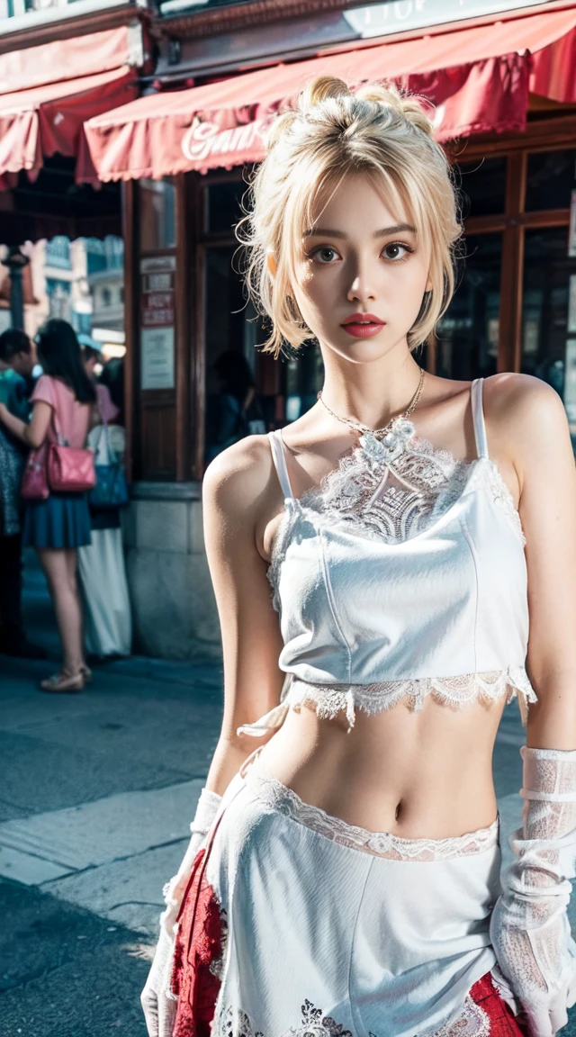(Ultra-detailed eyes), (((textile shading))), (((Best Quality))), (((masutepiece))), (((Ultra-detailed CG))), sassy girl, (((magical little girl))), (Petite), (tiny chest), blonde hair, blonde hair, blonde hair, pin up emo, ((short hair, short hair, gorgeous hair)), Pink eyes, (((retro style, red and white blumarine crop graphic lace tank, frayed skirt, winter glove, y2k))), ((striking a pose)), (((Game CG)) (gorgeous, sassy, it girl), fancy jewelry,theme park, colorful place, colorful place, colorful olace, strong theme park atmosphere, strong 80s atmosphere, cowboy shot, midshot, centered image, eye on camera, daylight, no one people on the background, no one people on the background