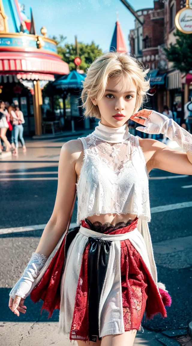 (Ultra-detailed eyes), (((textile shading))), (((Best Quality))), (((masutepiece))), (((Ultra-detailed CG))), sassy girl, (((magical ))), (Petite), (tiny chest), blonde hair, blonde hair, blonde hair, pin up emo, ((short hair, short hair, gorgeous hair)), Pink eyes, (((retro style, red and white blumarine crop graphic lace tank, frayed skirt, winter glove, y2k))), ((striking a pose)), (((Game CG)) (gorgeous, sassy, it girl), fancy jewelry,theme park, colorful place, colorful place, colorful olace, strong theme park atmosphere, strong 80s atmosphere, cowboy shot, midshot, centered image, eye on camera, daylight, no one people on the background, no one people on the background
