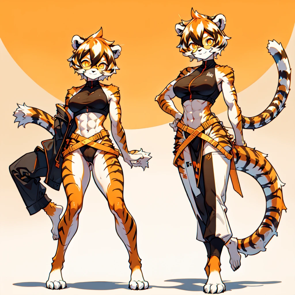 white background, full body, ((furry female:1.2)), Standing, animal ears, white hair, black hair, short hair, large breasts, muscle, tail, orange eyes, orange hair, multicolored hair, tiger girl, hair between eyes, tiger_ears, tiger_tail, orange-tinted_eyewear, tinted_eyewear, big breasts, evil smile, Shadows under feet, Abdominal muscles, (((canonicals, outfit:1.2))), nsfw
