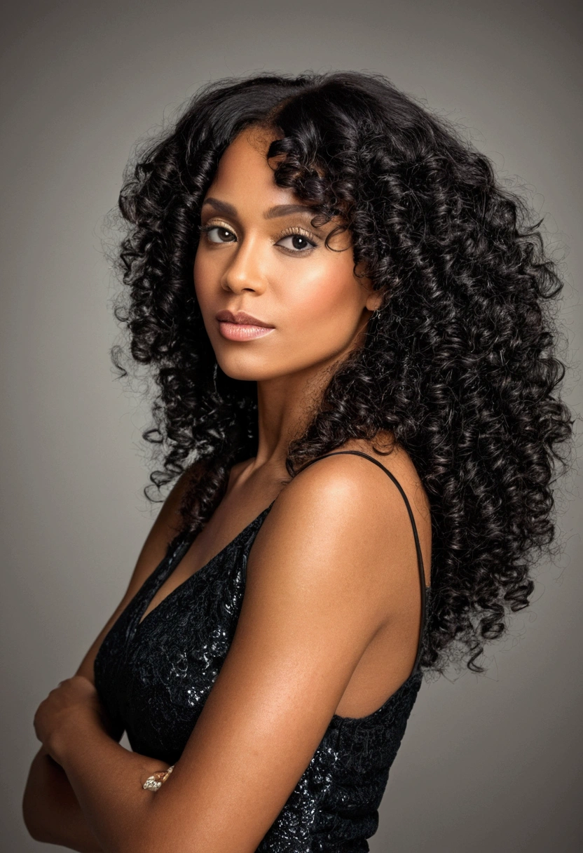 beautiful black woman black curly hair shining. 30 year old woman face. role model. full body elegant pose.