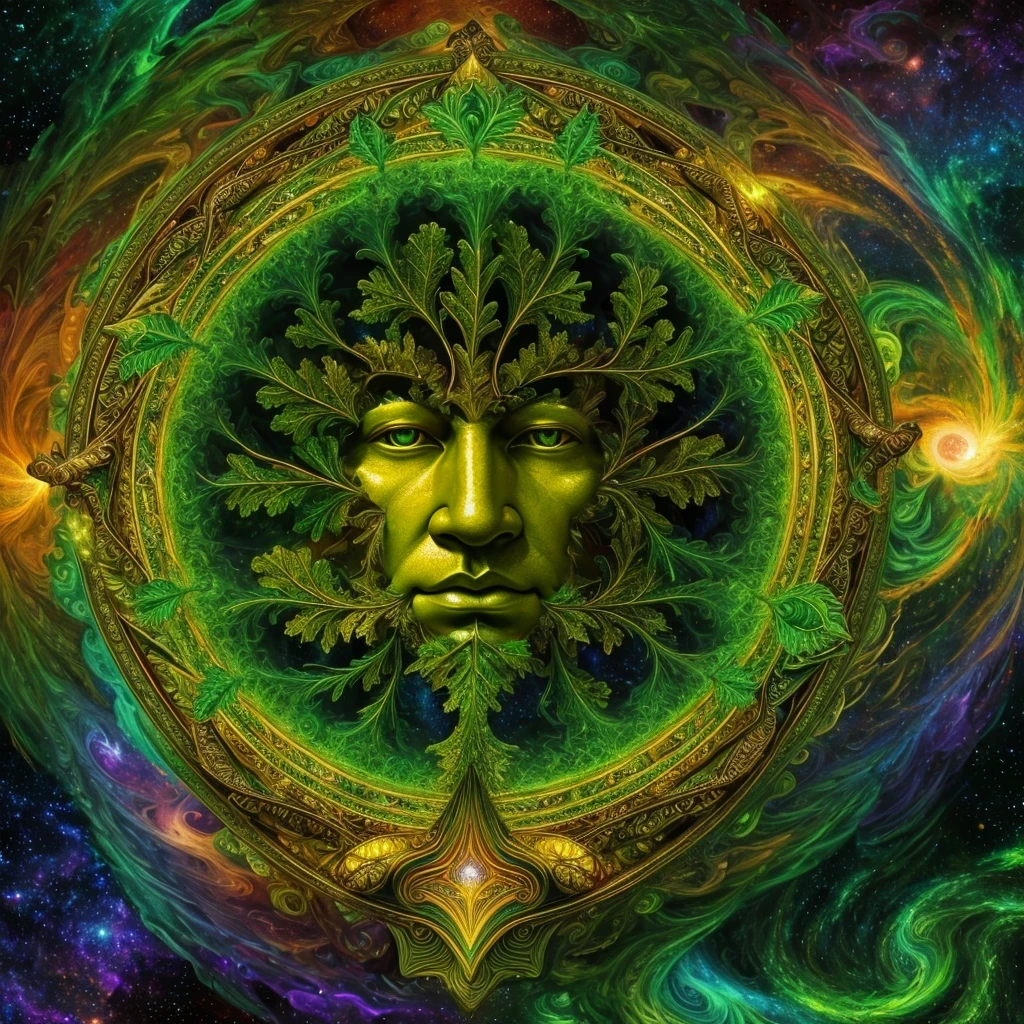 (High resolution, incredibly detailed, masterpiece), a symmetrically centered, solo portrait of (one Gaelic Greenman), green leaves floating in a mystic multicolored mist, featuring fractal geometry in (vibrant colors:0.8), set against a (galactic background:1.2), bringing together complex, mesmerizing shapes and patterns, dmt , fractal art, holy light.