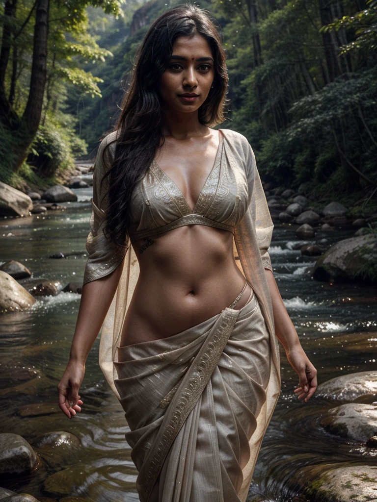 Beautiful young indian woman, wearing a saree, tattooed body, portrait, mountain forest background, river stream, very beautiful, traditional beauty, hindu aesthetic, detailed face, detailed body, oily skin, symmetric face, cute, belly pin, long bob hair, masterpiece, 8k, ultra realistic, detailed background, high resolution, god rays, ambient occlusion, ray tracing, ambient lighting, volumetric lighting, SSAO, lens flare