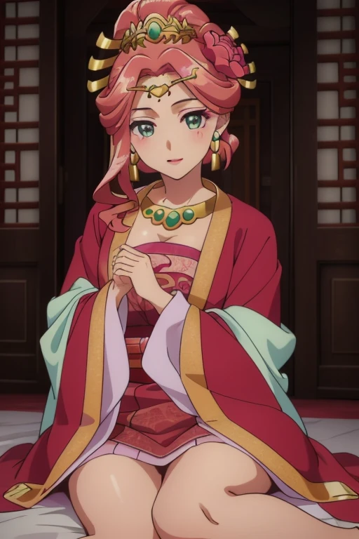 sitting,thighs,blush,parted lips,
yuyefei,solo,pink hair,earrings,hair ornament,hair flower,makeup,lipstick,green eyes,
necklace,hanfu,chinese clothes,red chinese clothes,pink dress,red dress,long sleeves,wide sleeves,red breasts curtain,
mother and daughter,mature female,blanket,baby,2girls,smile,, Exquisite visuals, high-definition,masterpiece,best quality,, Exquisite visuals,high-definition,masterpiece,best quality,18yo,Young female,Beautiful Fingers,Beautiful long legs,Beautiful body,Beautiful character design,white panties,
