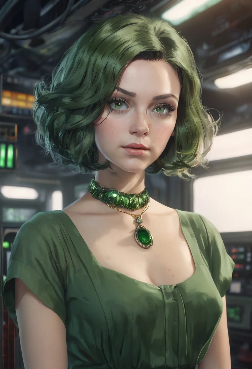 1 woman, in front of a control panel, wearing a forest green dress, cloth necklace around her neck, detailed facial features, detailed green female eyes, detailed light skin, smooth green bob-style hair, strong lighting, disgusted expression on the face, cold cinematic composition, atmospheric fog, beautiful face, thin chin, beautiful woman, feminine and beautiful, 25 years old (best quality, 4K, 8K, high resolution, art: 1.2), ultra-detailed, (realistic, photorealistic, photorealistic: 1.37 )